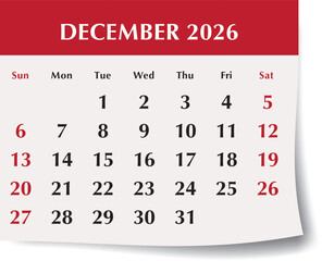 December 2026 calendar month. Monthly vector illustration of English calendar page