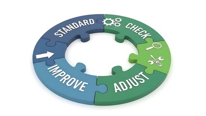 Circular puzzle pieces illustrating a continuous improvement process with words like standard, check, adjust, and improve.