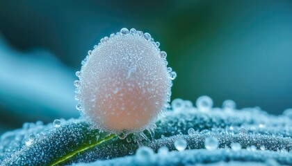 Extreme Macro of Frosted Spider Egg on Leaf with Icy Texture and Natural Reflections 