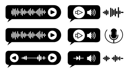 Voice message icon collection, audio waveform with play button, volume control in chat bubble, sound wave vector illustration.