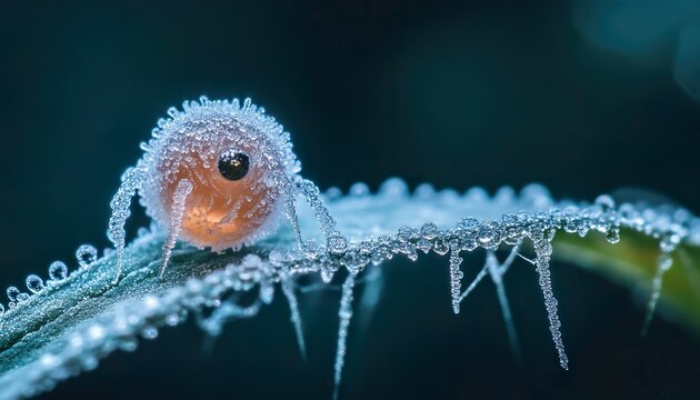Extreme Macro of Frosted Spider Egg on Leaf with Icy Texture and Natural Reflections 