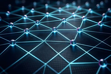 A futuristic digital network of glowing spheres connected by lines representing global connectivity.