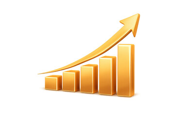 Golden 3d bar chart showing financial growth and business success graphing increasing profit and data on transparent background