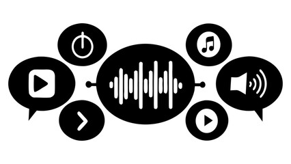 Voice message bubble with waveform and various media icons. audio or voice note concept graphic element with black symbols.