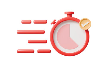 3d stopwatch icon. save time concept. minimal cartoon countdown timer checkmark badge for express shipping app ui. isolated on white transparent background. 3d render.