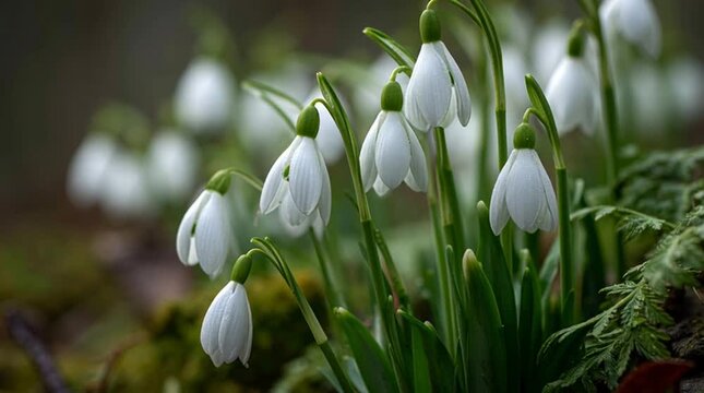Close up of snowdrop flowers in bloom with green stems and bokeh background