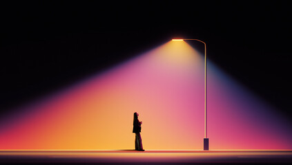 Cinematic composition with lone figure under streetlight on empty stage. Concept of decision...