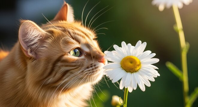 Adorable ginger tabby cat carefully inspecting a beautiful white daisy flower during golden hour