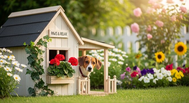 Adorable puppy relaxing on the porch of its charming wooden house surrounded by bright summer flowers