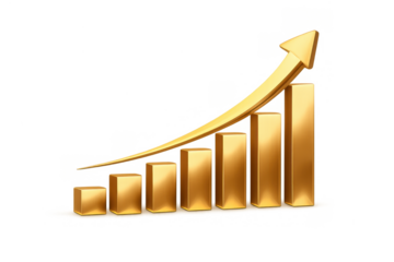 Golden 3d bar chart visualizing stock market or business data. Rising bars and upward arrow represent progress and development