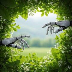 Robot Hands Reaching Through Nature.