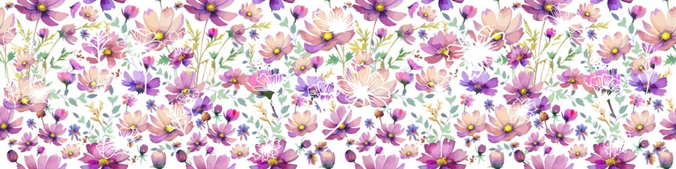 Hand drawn purple cosmos flower seamless pattern. Exotic floral pattern design for fabric, textiles, clothing. Seamless background with purple cosmos flowers. Not AI, Vector illustration