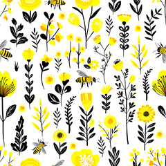 Seamless pattern white background yellow flowers and bees. hand drawn. Not AI, Vector illustration