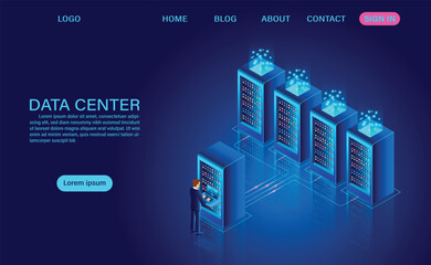 Futuristic data center visualization with server racks