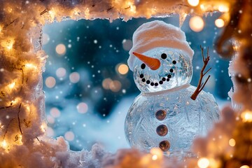 Beautiful glass and ice snowman illuminated by soft lights in a winter wonderland setting