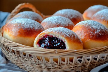 Delicious basket of bun sufganiot filled with jam and topped with sugar powder for Hanukkah celebration