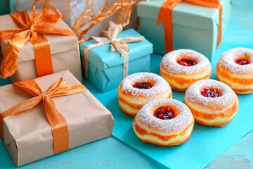 Delicious Hanukkah sufganiyot with powdered sugar and festive gifts arranged for celebration