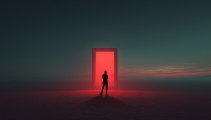 Moody cinematic composition with figure facing red illuminated doorway. Concept of inner conflict, bold decision moment, emotional tension, psychological depth, dramatic storytelling for advertising.