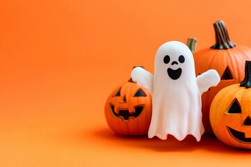 Funny Halloween ghost with carved pumpkins in a vibrant autumn setting
