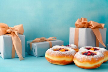 Delicious Hanukkah sufganiyot with powdered sugar and festive gifts arranged for celebration