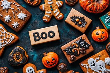 Variety of homemade gingerbread cookies with Halloween designs arranged on a dark background