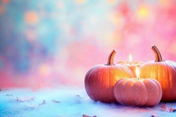 Candle lit Halloween pumpkins glowing in vibrant colors with empty space for festive greetings