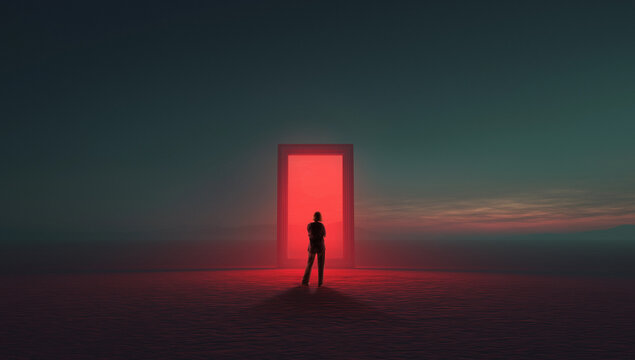 Moody cinematic composition with figure facing red illuminated doorway. Concept of inner conflict, bold decision moment, emotional tension, psychological depth, dramatic storytelling for advertising.