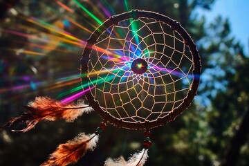 Dreamcatcher twirling in the breeze with vibrant rays of light creating a colorful spectacle at sunset