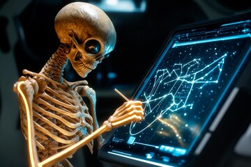 Alien skeleton creating luminous star charts in a futuristic spacecraft at night