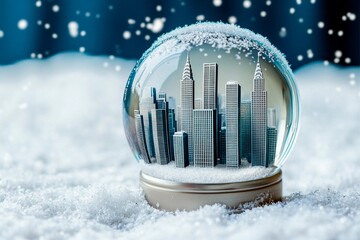 Miniature city skyline encased in glass with snow and skyscrapers creating a winter wonderland effect