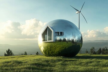 Spherical house moves across a sunlit meadow powered by renewable energy from wind and solar