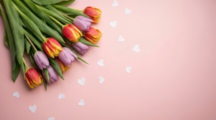 A bouquet of flowers with pink, purple, and yellow tulips are arranged on a pink background