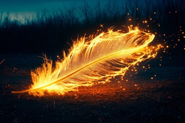 Giant glowing feather drifts through the air, emitting sparks in a mystical setting