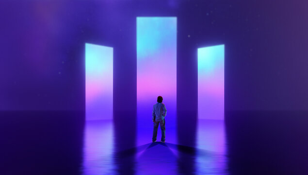 Minimal artwork with person facing glowing vertical light panels in dark space. Concept of future vision, innovation mindset, digital transformation, technology branding and modern ads visuals.