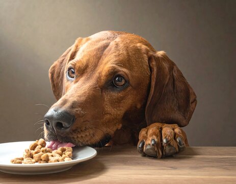 Brown dog lovingly gazes while eating food off a small white plate on a wooden table against a muted brown backdrop
