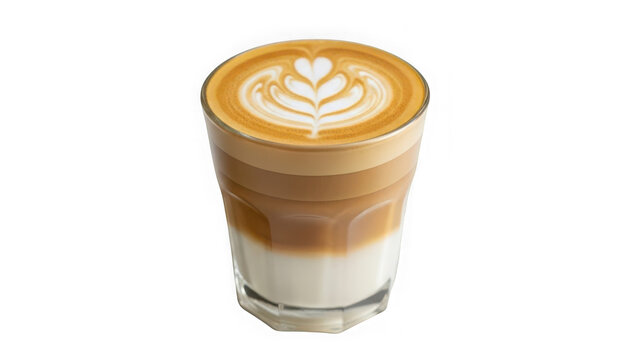 Layered latte coffee drink in a clear glass cup isolated on transparent background