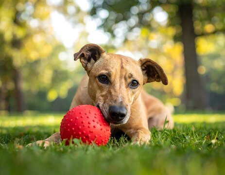 Brown dog lying in grass, biting on a red rubbery ball with textured bumps, with green trees in the blurred background