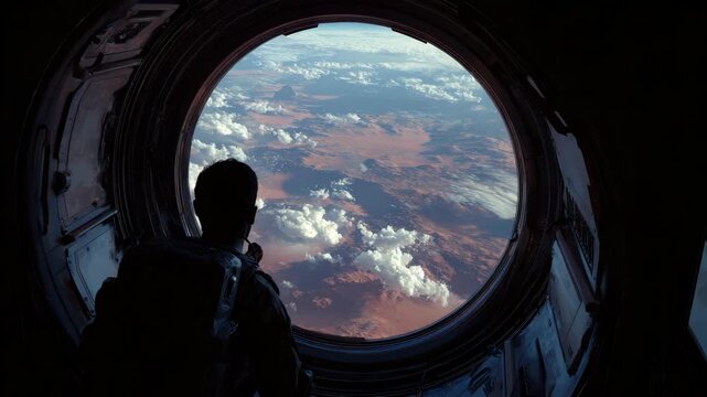 Male astronaut viewing earth's landscape from spacecraft window interior