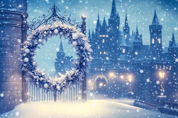 Wreath adorns the enchanted castle gate during a snowfall in a magical winter landscape