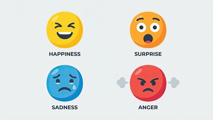 Emotions Spectrum: A vibrant collection of emotive icons representing happiness, surprise, sadness, and anger. This image is a succinct visual guide to a spectrum of human feelings.