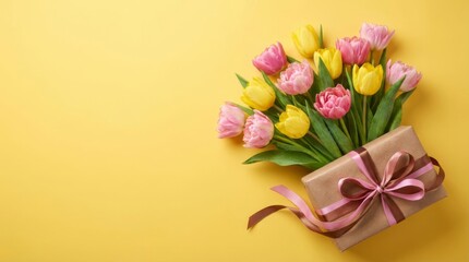A bouquet of flowers is placed in a brown box on a yellow background. The flowers are pink and yellow, and the box is decorated with a ribbon. Concept of warmth and happiness