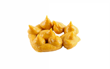 Mustard sauce isolated on white background with copy space for text or images. Spices and herbs. Close-up shot, top view.