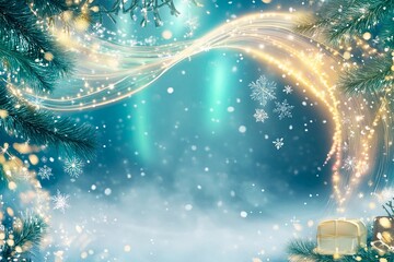 Enchanting aurora-inspired postcard scene showcasing a winter wonderland with sparkling lights and gifts