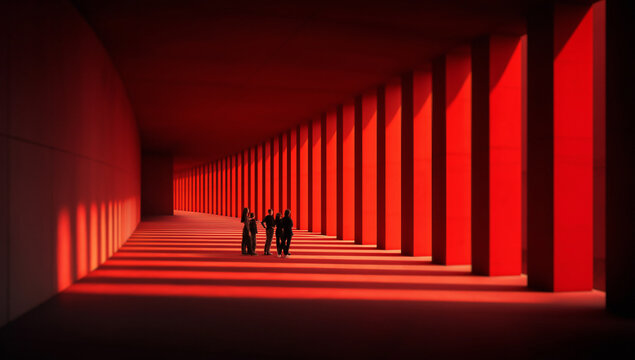 Digital composition of group walking through red corridor with dramatic light. Concept of teamwork, leadership path, corporate culture, journey and brand storytelling visuals. - Powered by Adobe