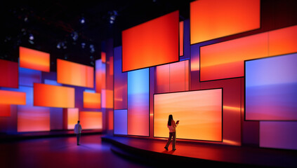 Modern poster with people exploring colorful digital screen installation. Concept of media...