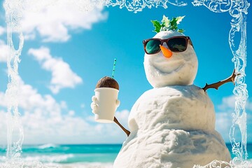 Beachside sand snowman wearing sunglasses and a festive hat enjoys a drink under the sun