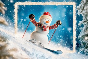 Snowman enjoys skiing down a snowy hill with arms raised in joy on a bright winter day