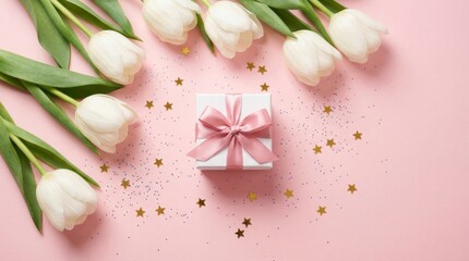 A white box with a pink ribbon sits on a pink background with white flowers. The box is a gift and the flowers are a symbol of love and affection. The pink background and ribbon create a romantic