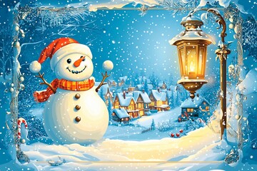 Cheerful snowman stands in snowy village during winter night with glowing lanterns illuminating the scene