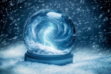 Swirling storm inside a snow globe with lightning illuminating the interior